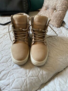 Timberland Tan Lace-Up High-Top Boots with White Sole